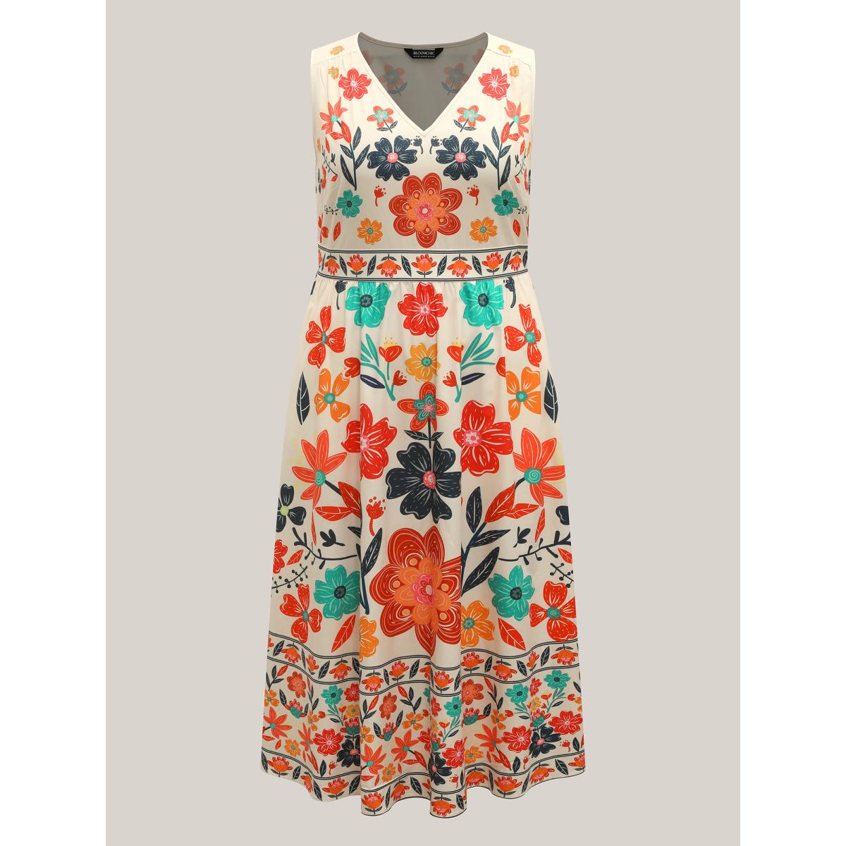 Plus Size Floral Drama Cinched-Waist Maxi Dress Multicolor Women Resort Non V-neck Sleeveless Curvy BloomChic 14-16/1X Product Image