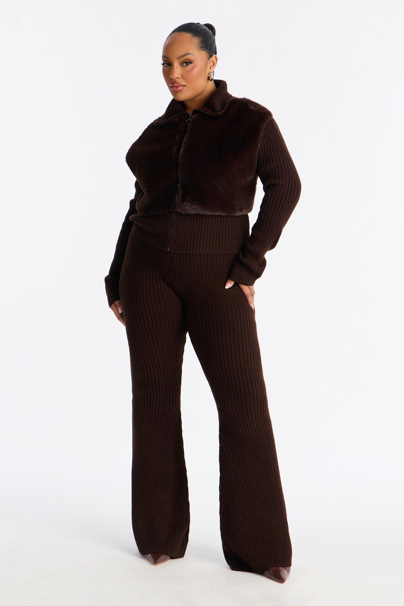 Nina Fur Trim Flare Leg Pant Set - Chocolate Female Product Image