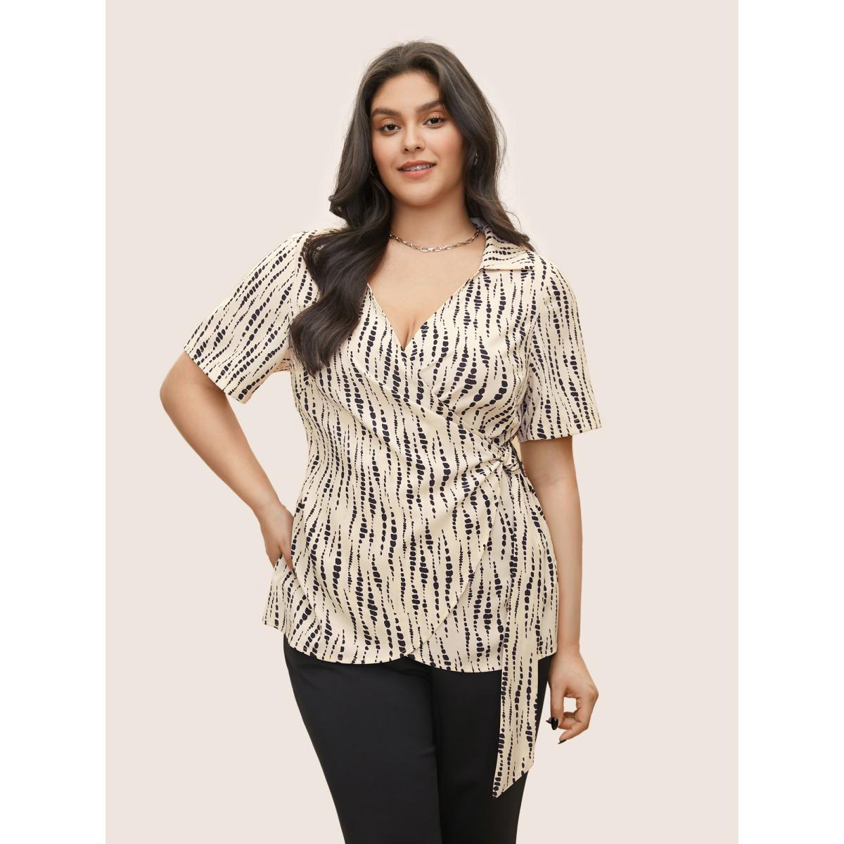 Plus Size Apricot Geometric Overlap Collar Buckle Detail Blouse Women At the Office Short sleeve Overlap Collar Work Blouses BloomChic 12/L Product Image