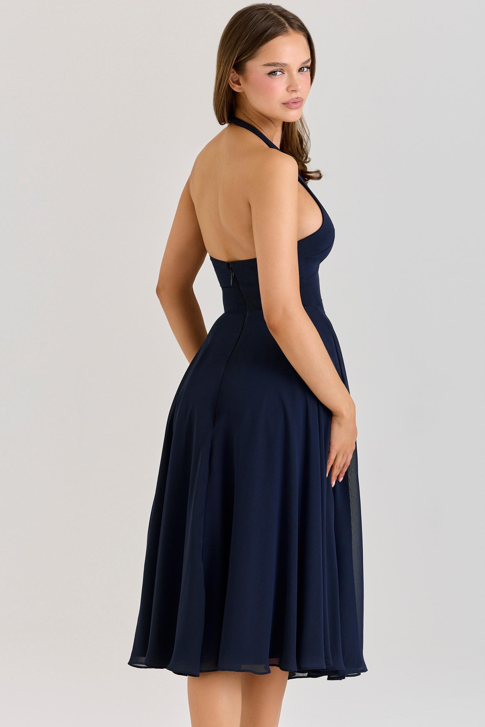 Solada  navy georgette halter midi dress Product Image