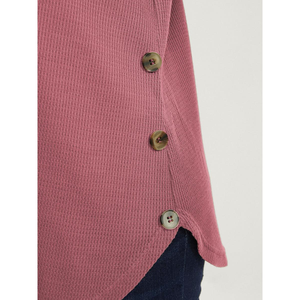 Plus Size Plain Round Neck Button Detail Waffle Knit Tee DustyPink Women Casual Button Plain Round Neck Dailywear T-shirts BloomChic 30/6X Product Image