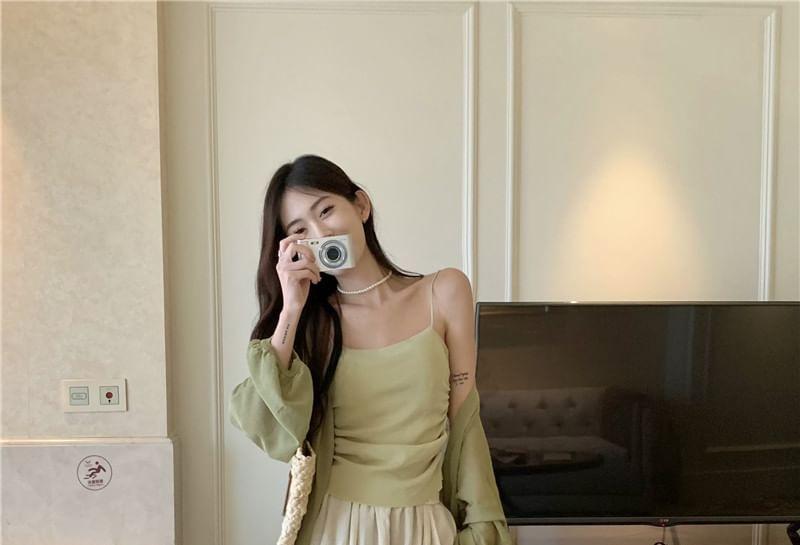 Plain Ruched Camisole Top / Midi Open Front Cardigan / High Rise Plain Maxi A-Line Skirt Product Image