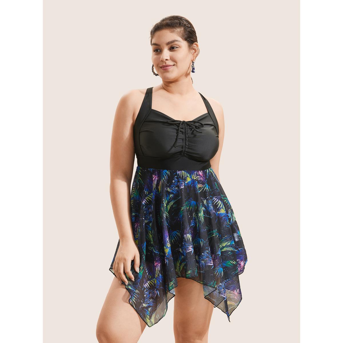 Mesh Adjustable Straps Plus Size Women Tropical Swim Dress Very Stretchy Bodycon Sleeveless V Neck Vacation Swim Dresses BloomChic Product Image