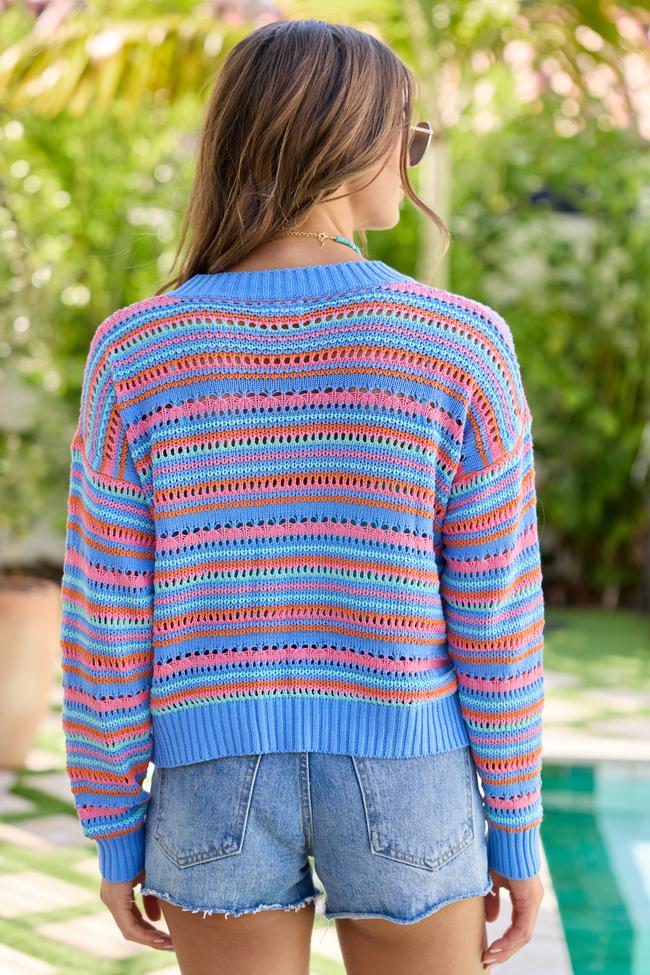Party Cove Blue Multi Striped Open Knit Sweater Product Image