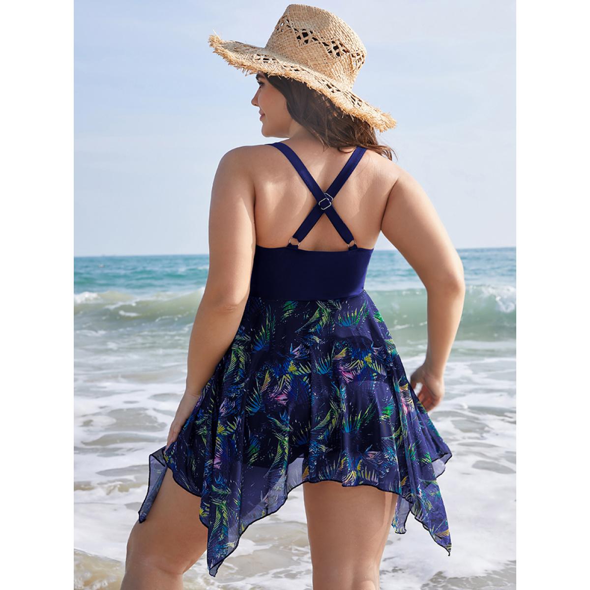 Mesh Adjustable Straps Plus Size Women Tropical Swim Dress Very Stretchy Bodycon Sleeveless V Neck Vacation Swim Dresses BloomChic Product Image