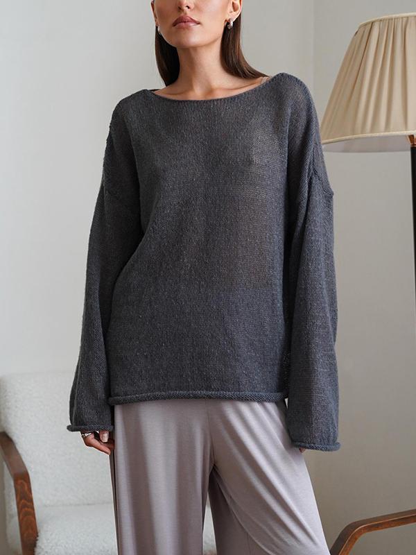 Long Sleeves Loose See-Through Solid Color Split-Joint Round-Neck Sweater Tops Product Image