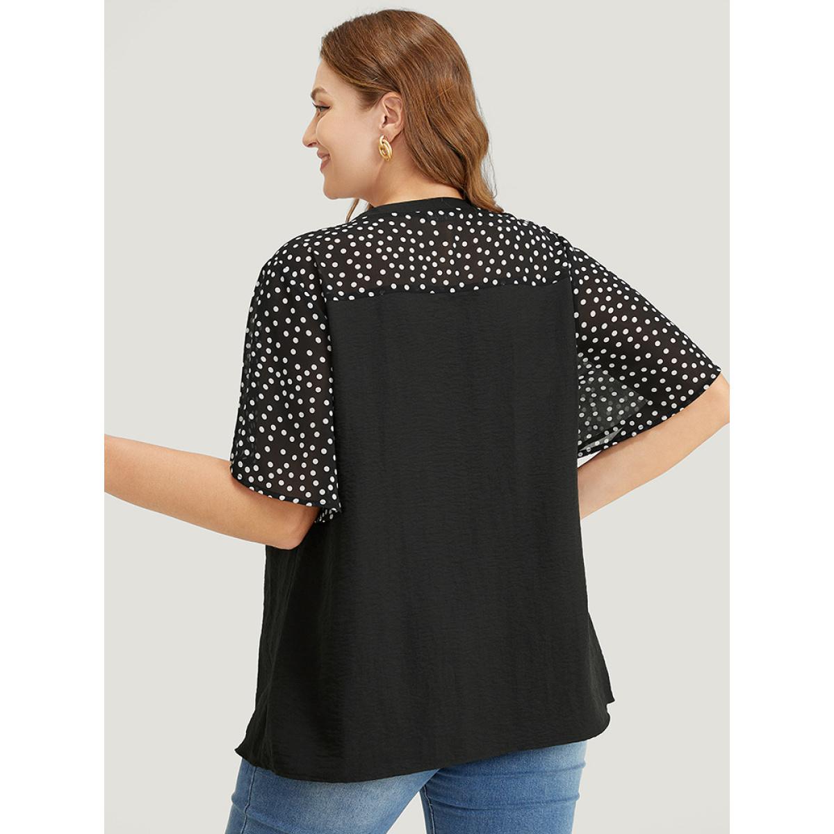 Plus Size Black Polka Dot Patchwork Flutter Sleeve Chain Detail Blouse Women Elegant Short sleeve V-neck Dailywear Blouses BloomChic 30/6X Product Image