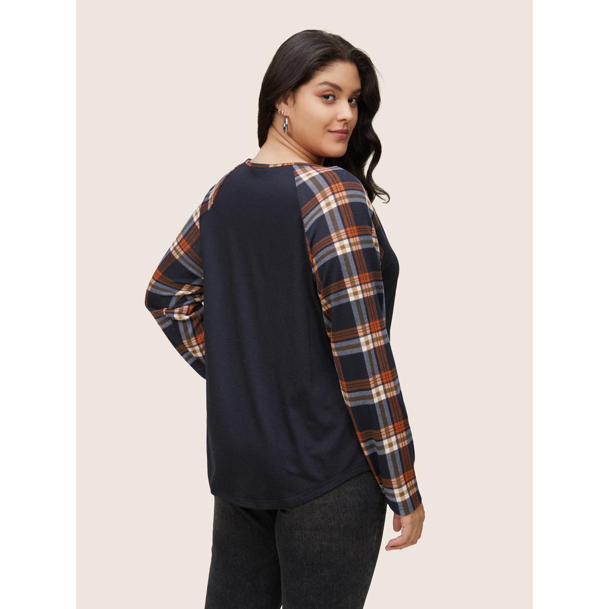 Plus Size Plaid Patchwork Raglan Sleeve Crisscross T-shirt Indigo Women Casual Patchwork Plaid V-neck Dailywear T-shirts BloomChic 12/L Product Image