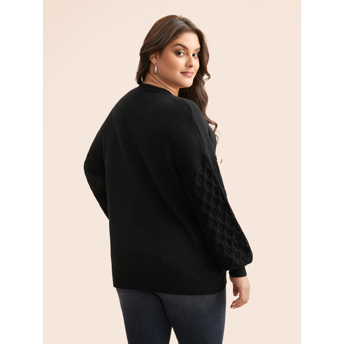 Plus Size Crochet Floral Texture V Neck Pullover Black Women Casual Loose Long Sleeve V-neck Everyday Pullovers BloomChic 10/M Product Image