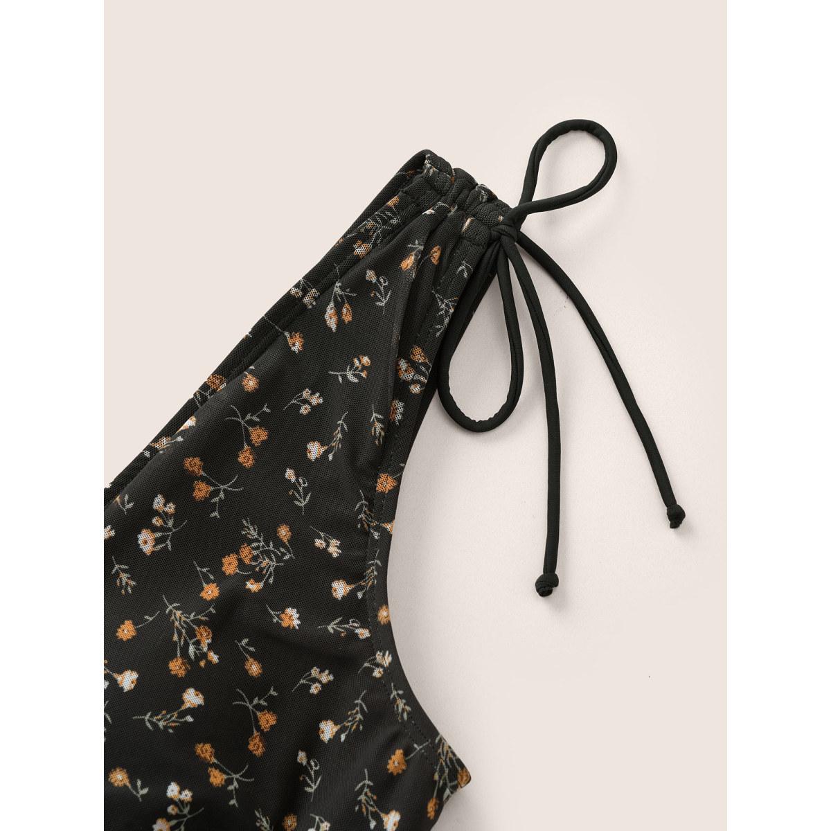 Plus Size Ditsy Floral Mesh Drawstring Swim Dress Women's Swimwear Black Beach Bodycon V-neck High stretch Curve Swim Dresses BloomChic 22-24/3X Product Image