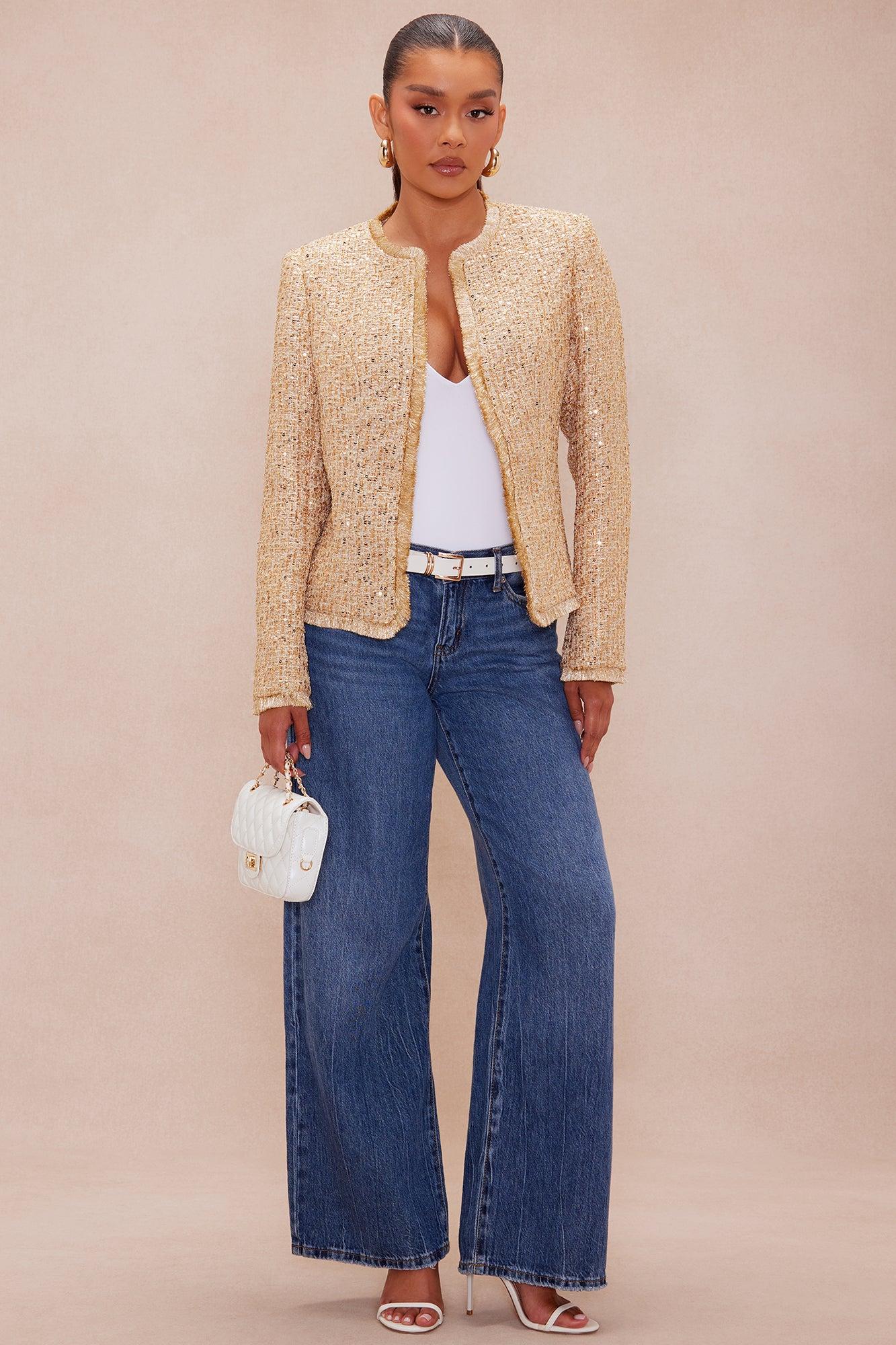 Angelica Fringe Tweed Jacket - Gold Female Product Image