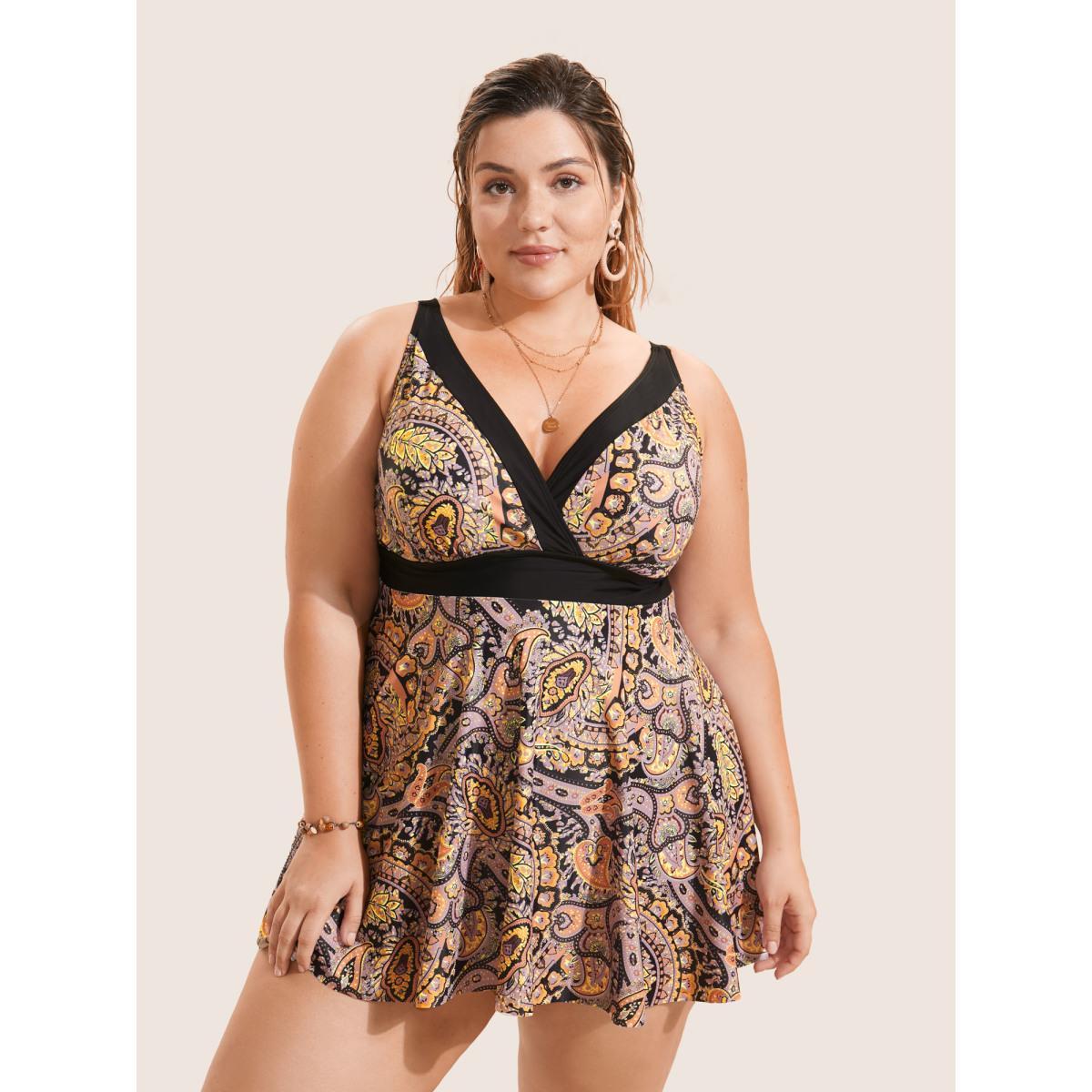 Plus Size Paisley Print Wrap Contrast Trim Swim Dress Women's Swimwear Black Beach Bodycon V-neck High stretch Curve Swim Dresses BloomChic 22-24/3X Product Image