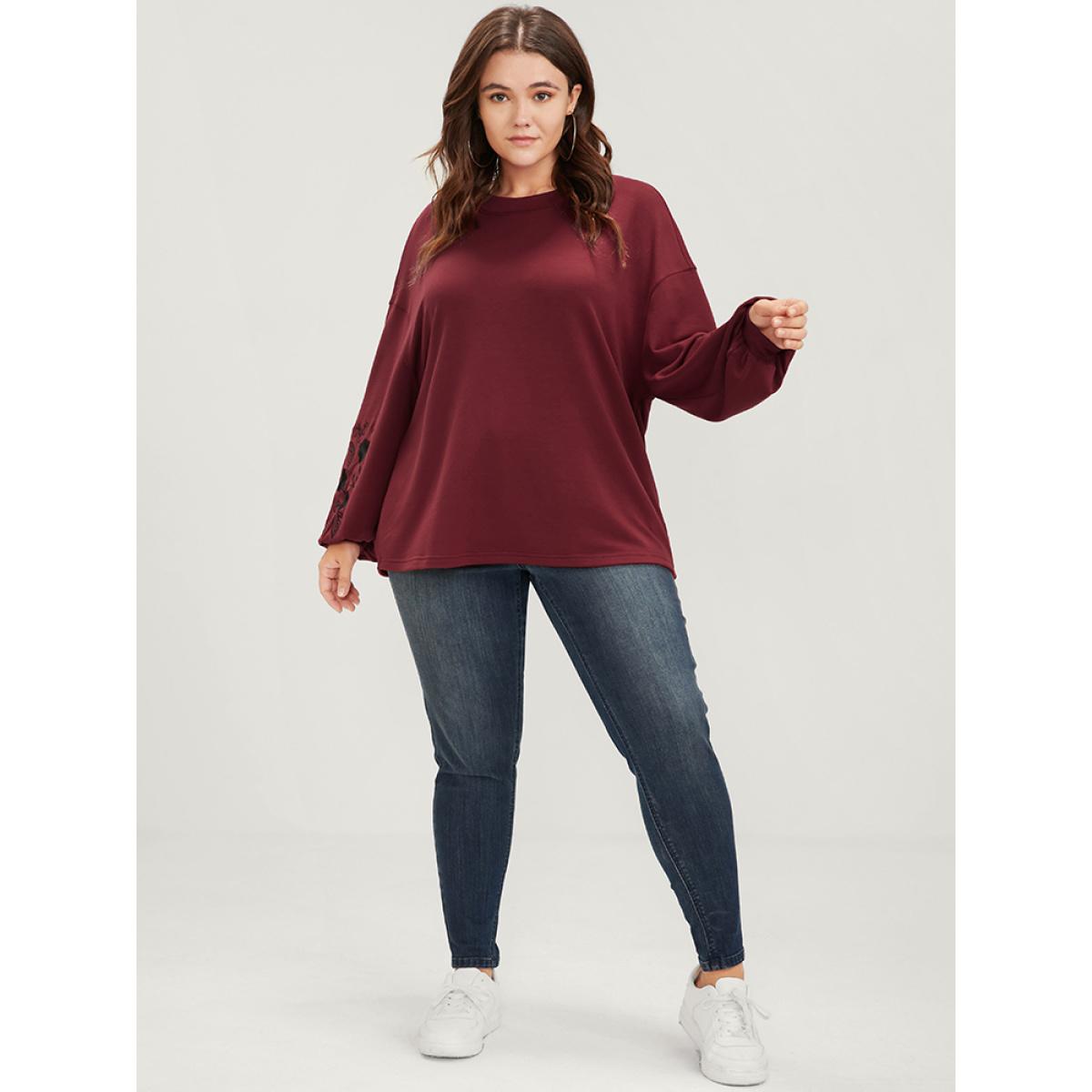Plus Size Plain Embroidered Lantern Sleeve Drop Shoulder Sweatshirt Women Scarlet Elegant Embroidered Round Neck Dailywear Sweatshirts BloomChic 28/5X Product Image