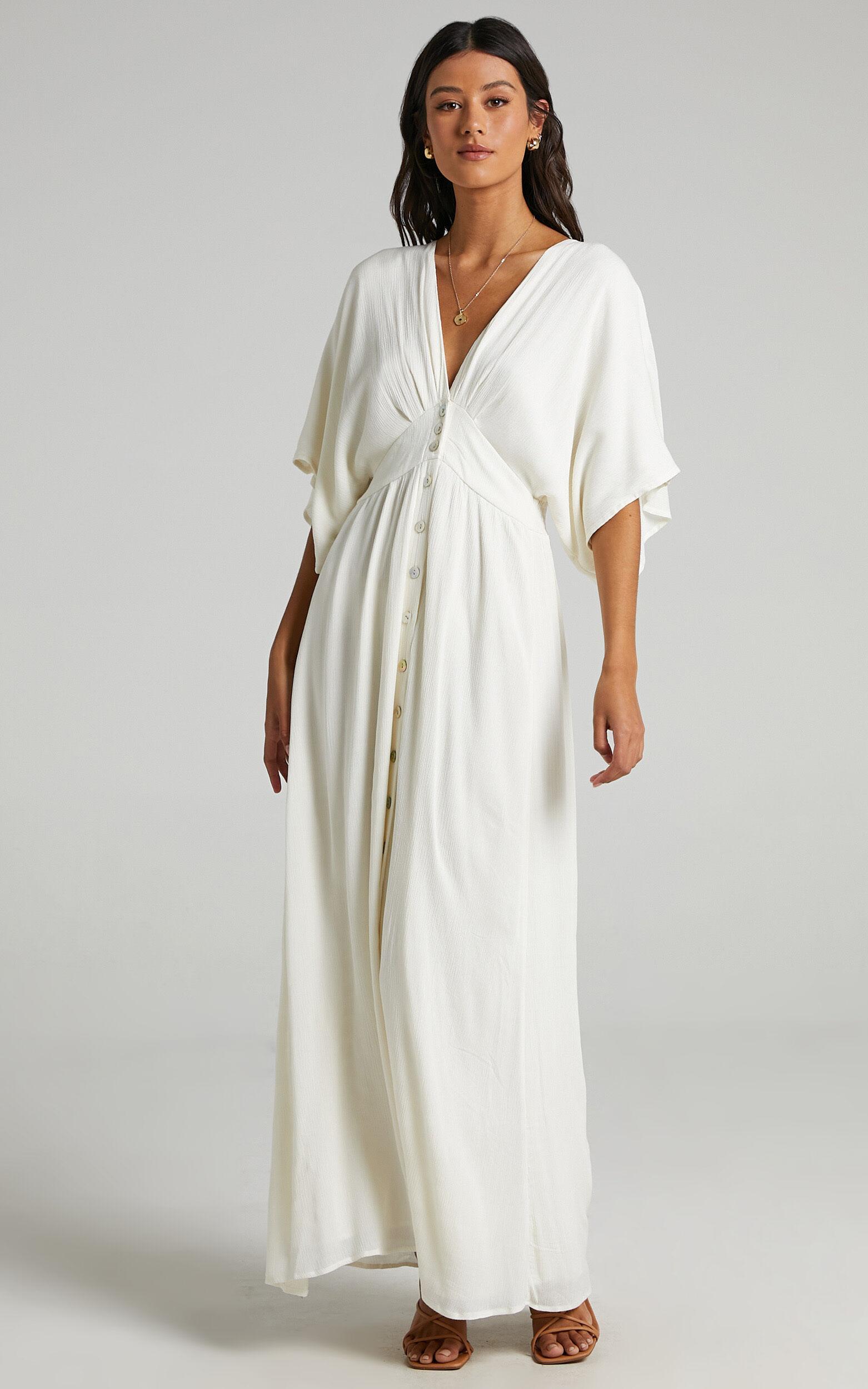 Sitting Pretty Maxi Dress - Short Sleeve Button Down Dress in Natural Product Image