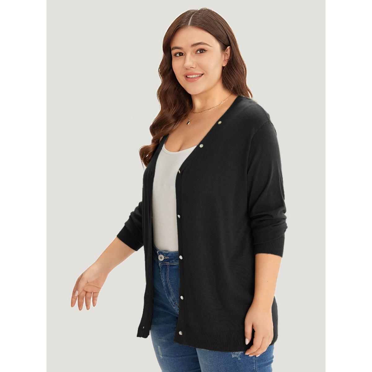 Plus Size Supersoft Essentials Plain Button Detail Very Stretchy Cardigan Black Women Casual Loose Long Sleeve Everyday Cardigans BloomChic 18-20/2X Product Image