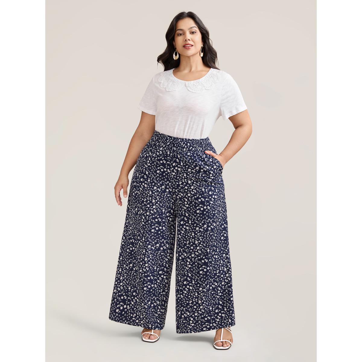 Plus Size Ditsy Floral Print Shirred Wide-Leg Pants Women Indigo Elegant Wide Leg Mid Rise Everyday Pants BloomChic 18-20/2X Product Image