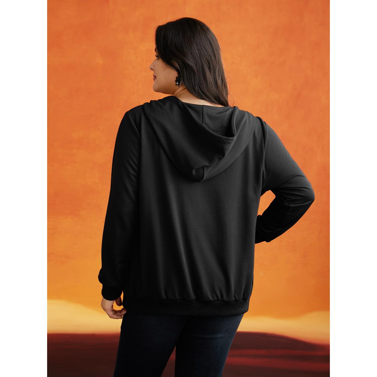 Plus Size Diamond Embellished Spiderweb Zipper Sweatshirt Women Black Casual Rhinestone detailing Loose Hooded Everyday Sweatshirts BloomChic 26/4X Product Image