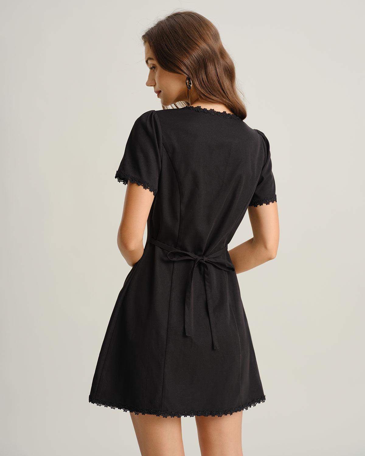 Black Square Neck Button Mini Dress Product Image