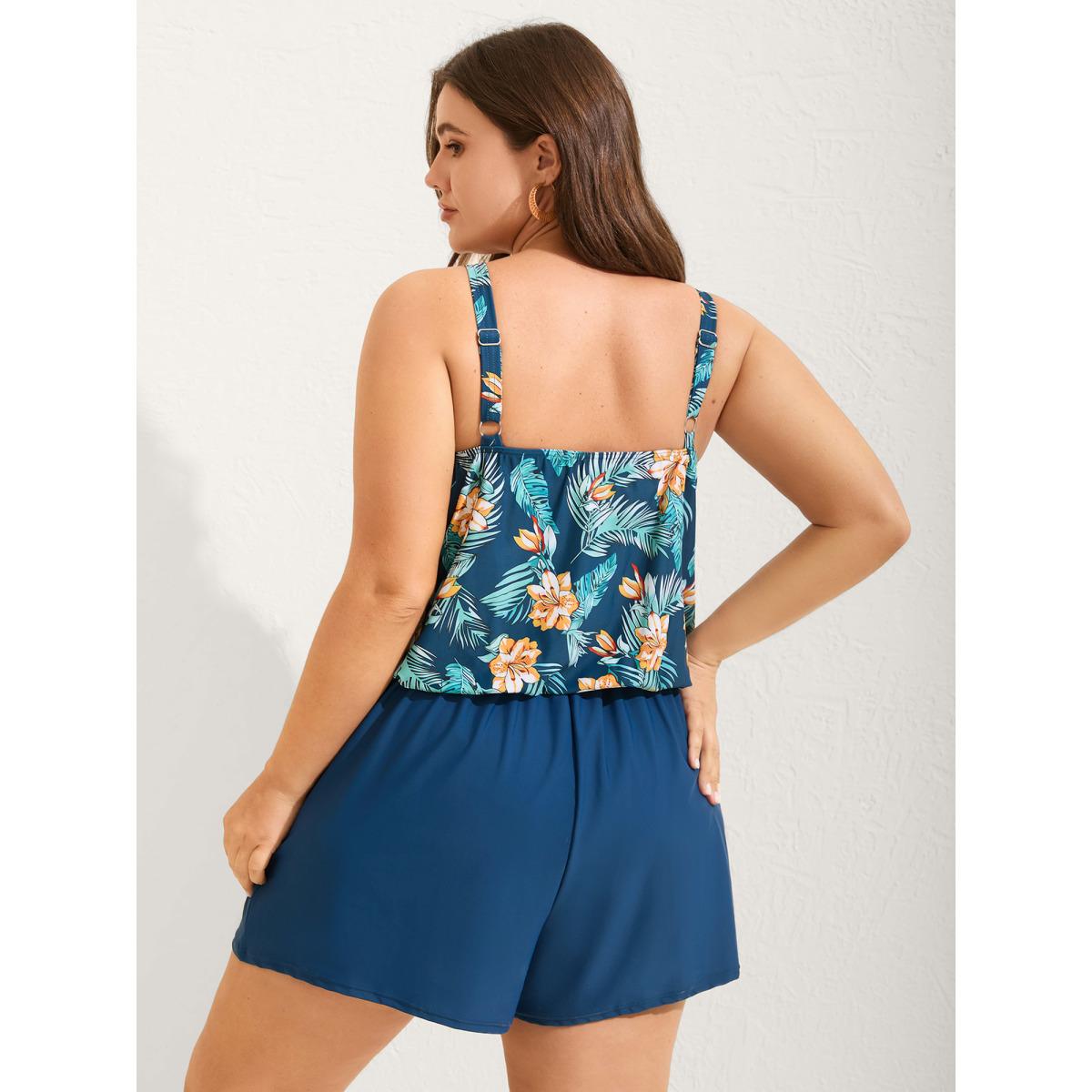 Plus Size Floral Print Keyhole Pockets Swim Romper Women's Swimwear DarkBlue Resort Curve Bathing Suits High stretch One Pieces BloomChic 30/6X Product Image