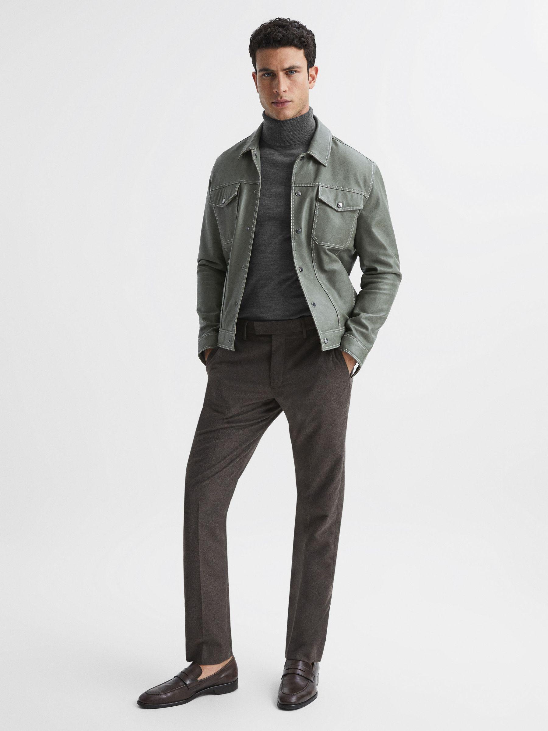 Slim Fit Merino Wool Roll Neck Jumper in Mid Grey Melange Product Image