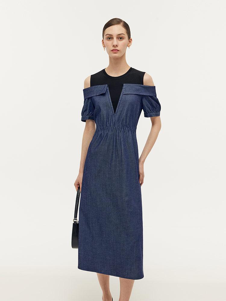 Denim Lyocell Cold Shoulder Patchwork Women Midi Dress Product Image
