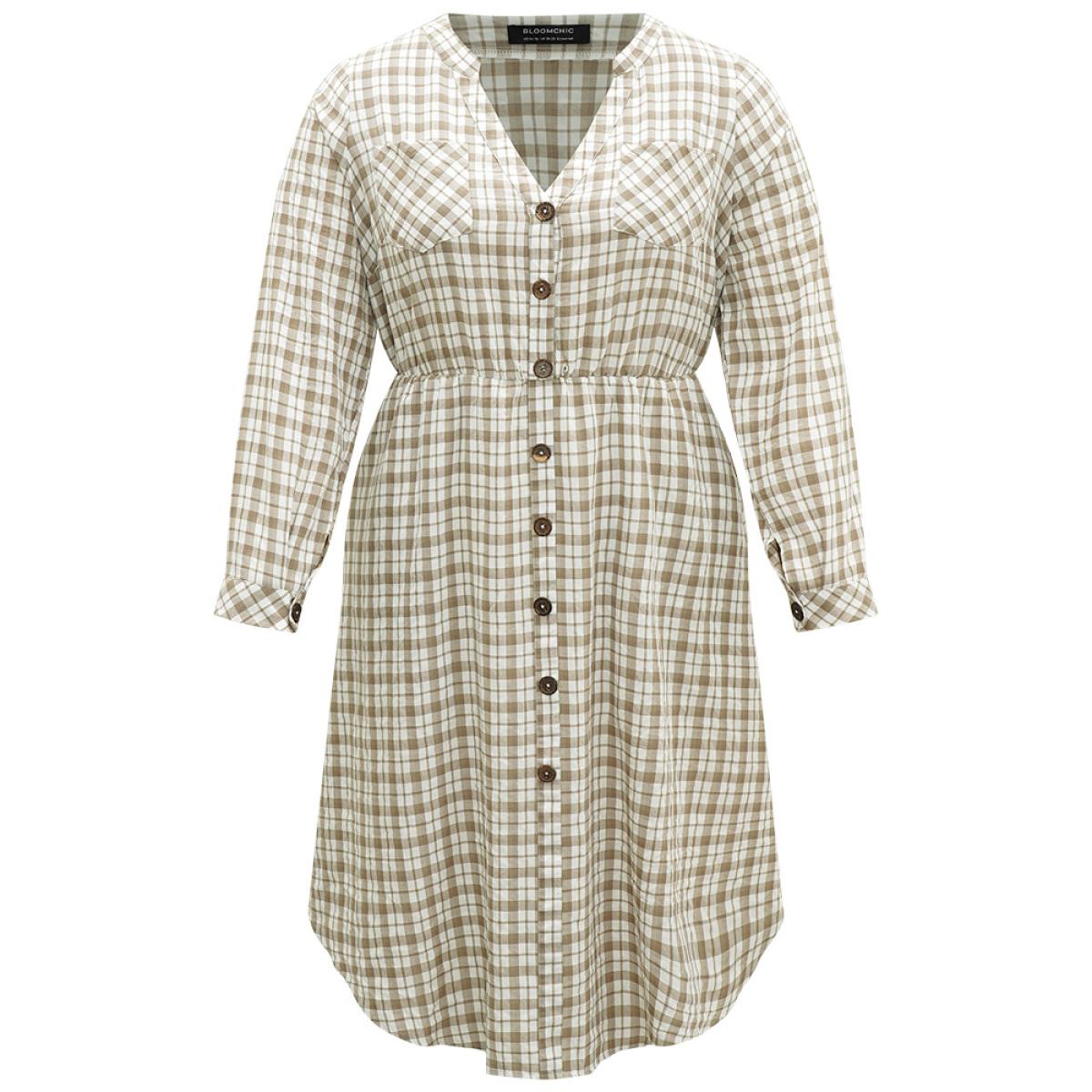 Plus Size Gingham Button Through Arc Hem Dress Sage Women Casual Printed Notched collar Long Sleeve Curvy Midi Dress BloomChic 26/4X Product Image