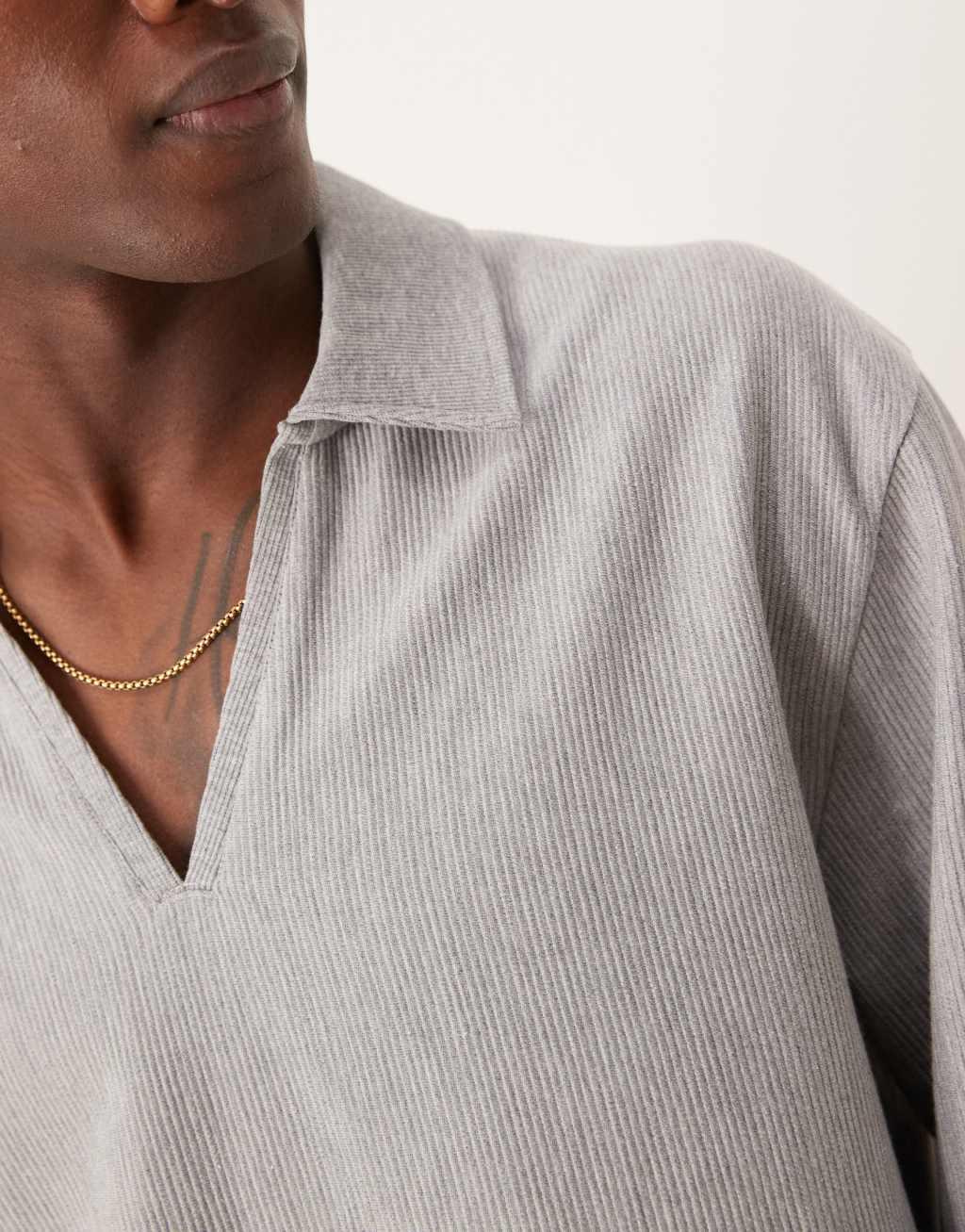 ASOS DESIGN oversized ribbed rugby polo shirt in heather gray Product Image