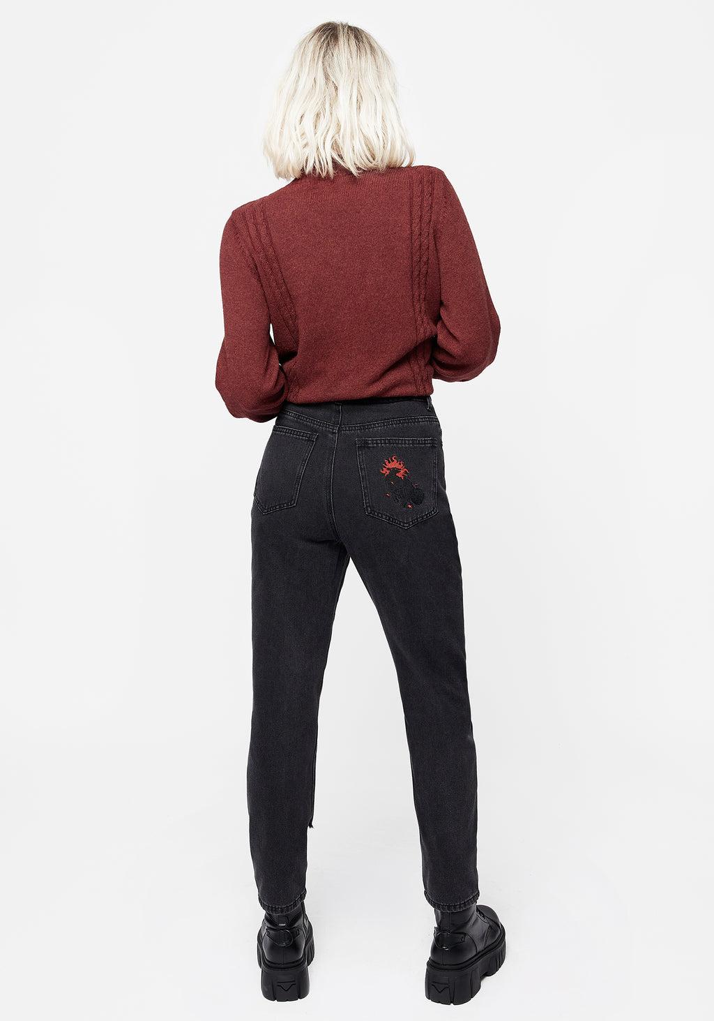 Foxfire Embroidered Distressed Mom Jeans Product Image