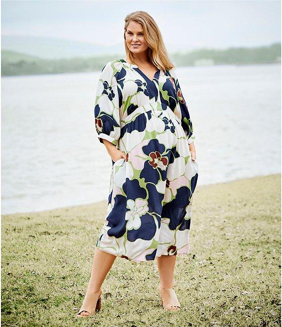 Nurture by Westbound Plus Size Floral V Neck 3/4 Sleeve Midi Dress Product Image
