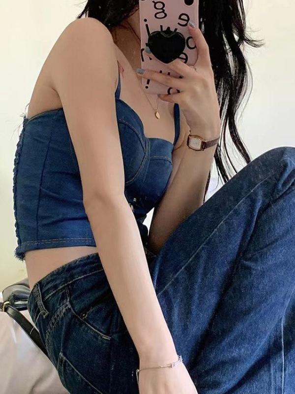 Denim Smocked Cropped Women Vest Product Image