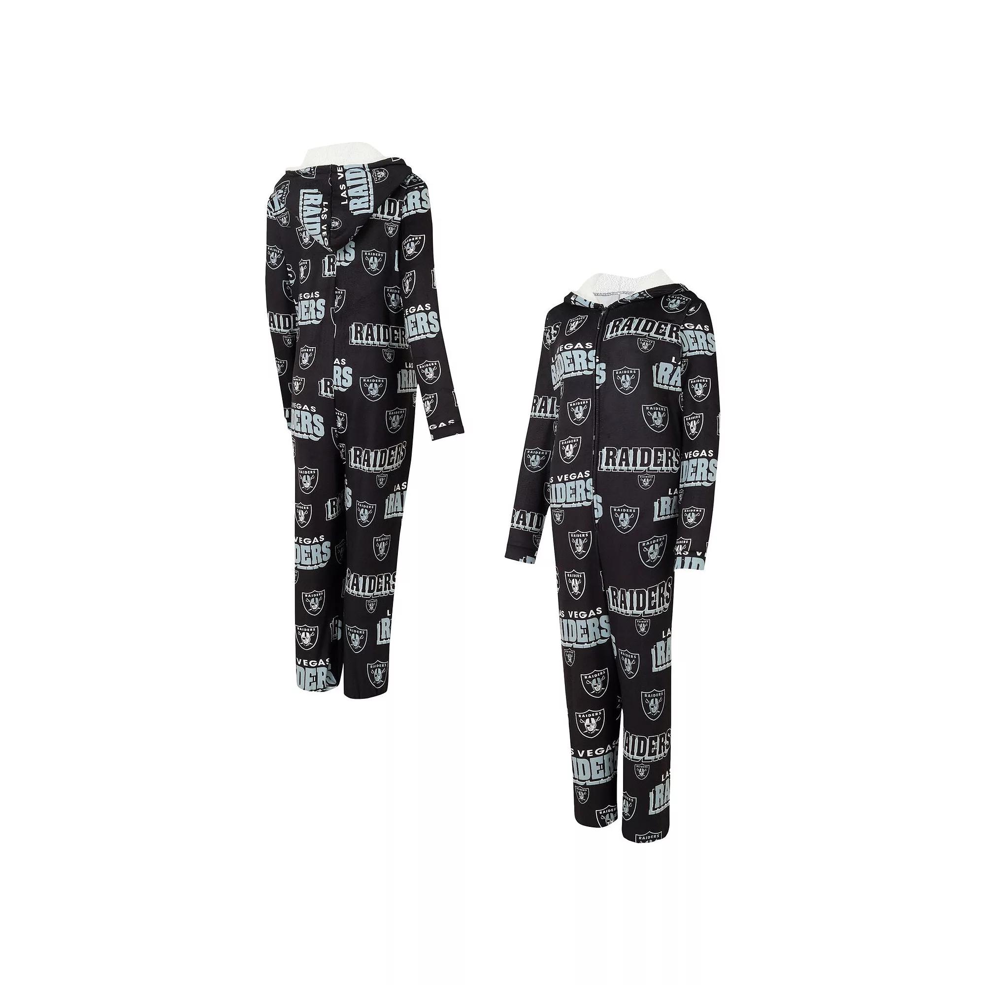 Women's Concepts Sport Black Las Vegas Raiders Roadway Allover Print Microfleece Full-Zip Union Suit,  Product Image