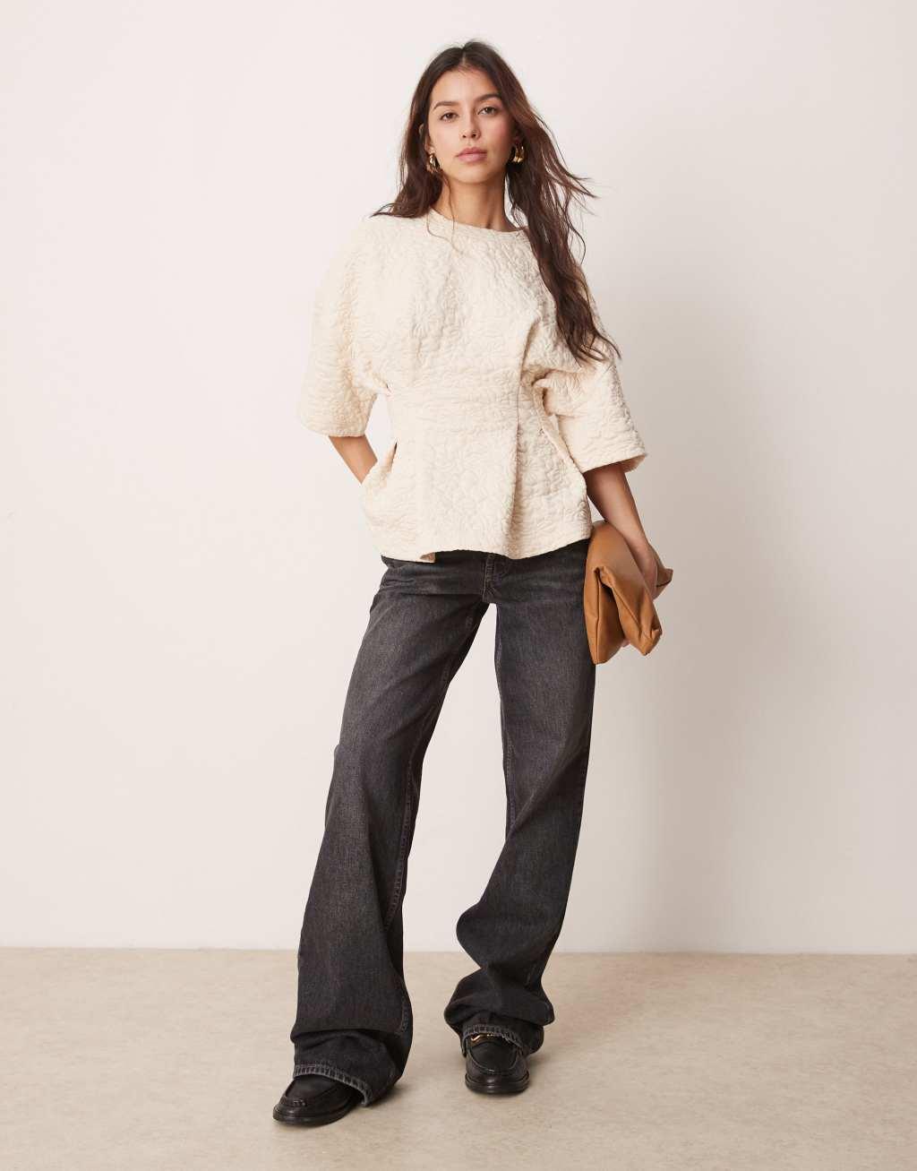 ASOS DESIGN short sleeve top in cream floral jacquard Product Image