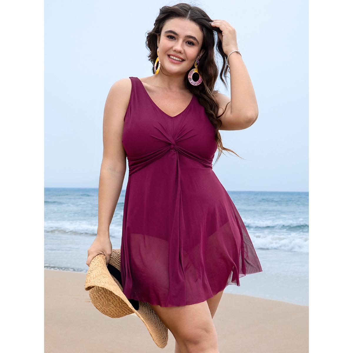 Plus Size Adjustable Straps Mesh Flutter Hem Twist Swim Dress Women's Swimwear RedViolet Vacation Bodycon V-neck High stretch Curve Swim Dresses BloomChic 28/5X Product Image