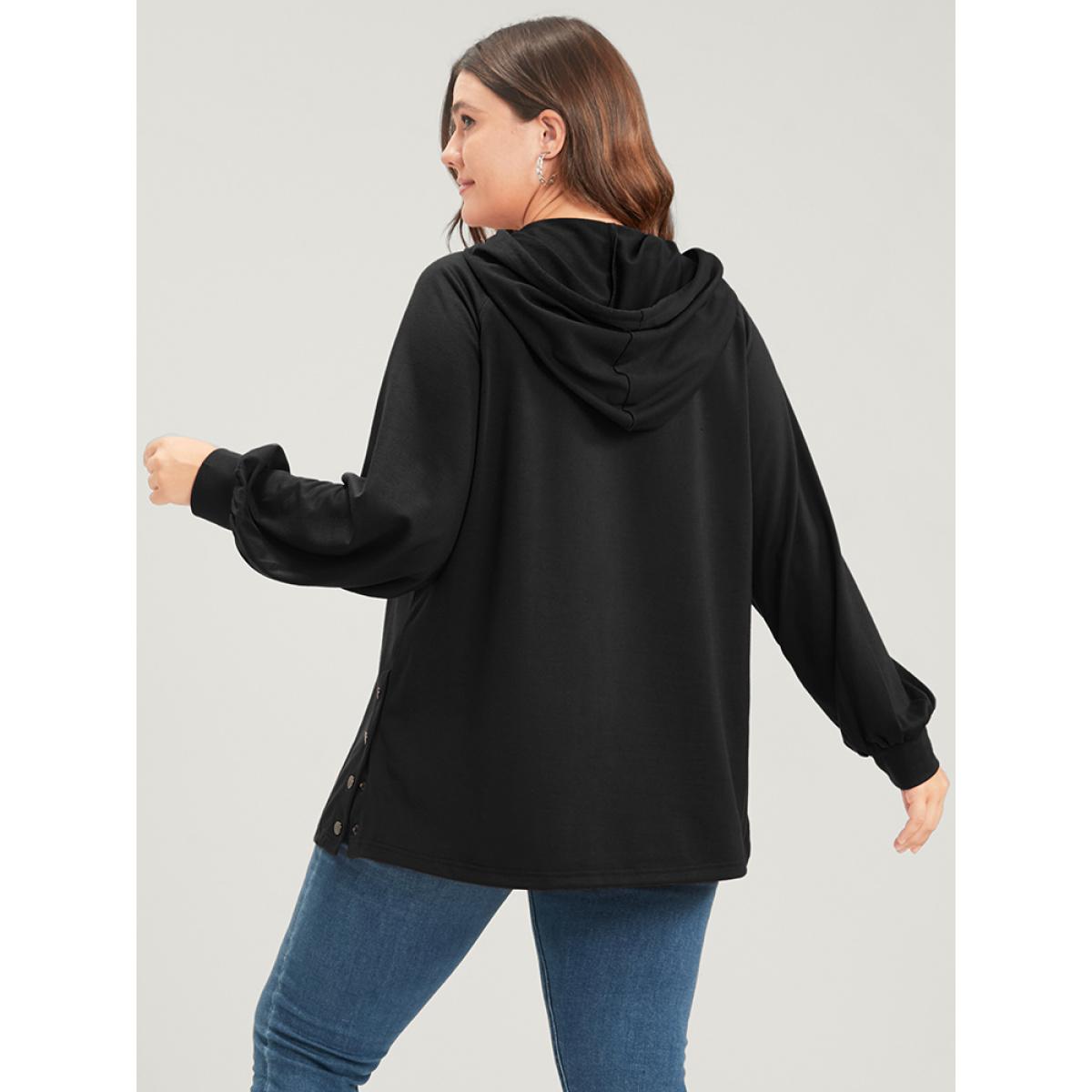 Plus Size Solid Button Side Drop Shoulder Hooded Sweatshirt Women Black Casual Button Hooded Dailywear Sweatshirts BloomChic 12/L Product Image