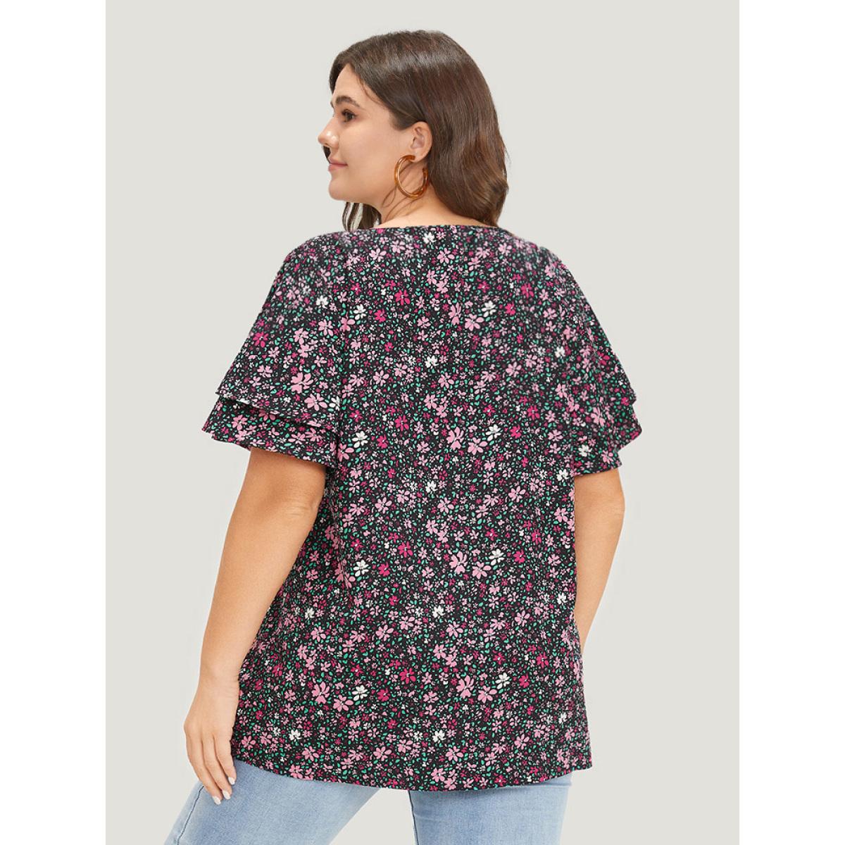 Plus Size BlackFlower Ditsy Floral Knot Neck Flutter Sleeve Layered Blouse Women Elegant Short sleeve Tie Neck Dailywear Blouses BloomChic 10/M Product Image