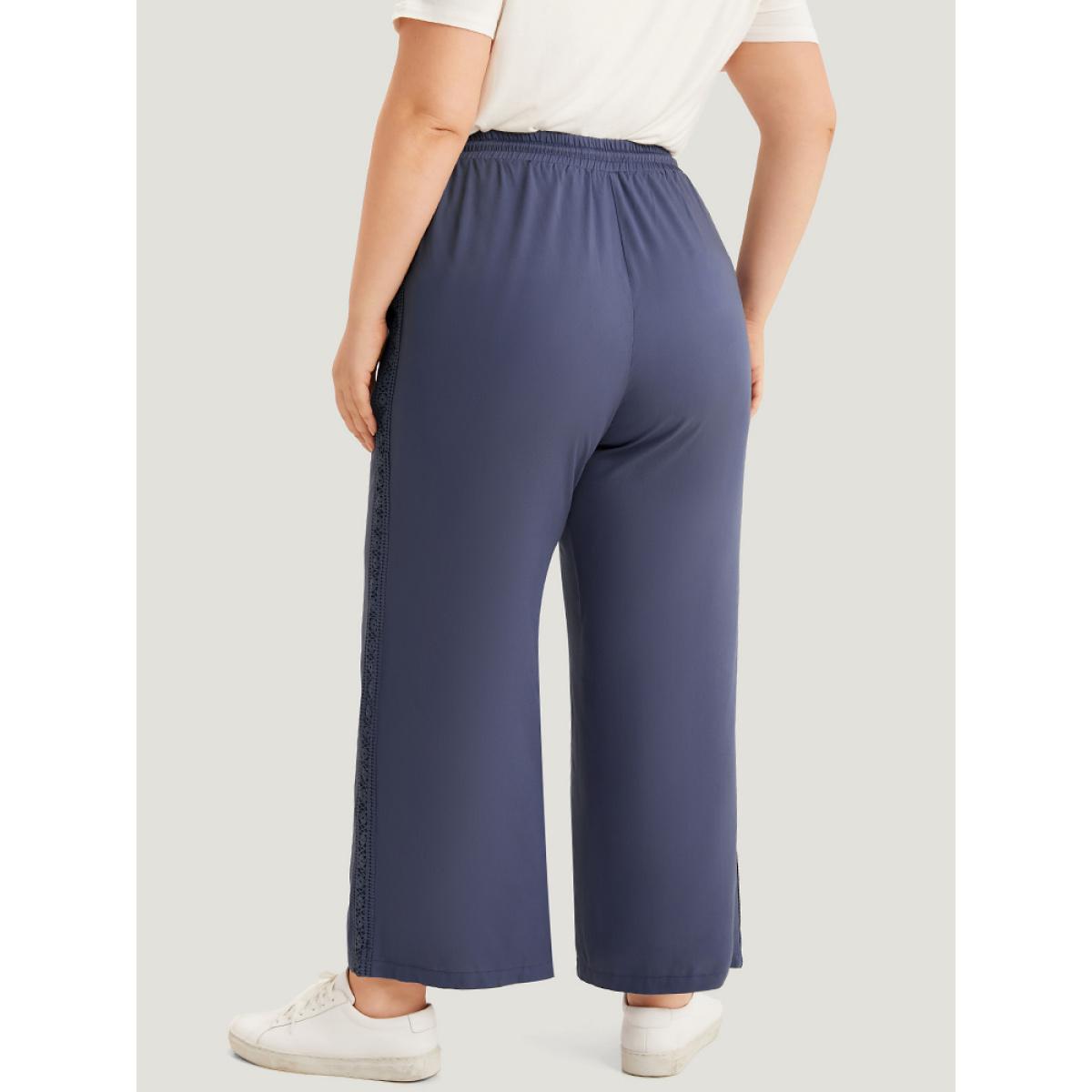 Plus Size Solid Crochet Lace Knotted Elastic Waist Pants Women Stone Casual Wide Leg High Rise Dailywear Pants BloomChic 12/L Product Image