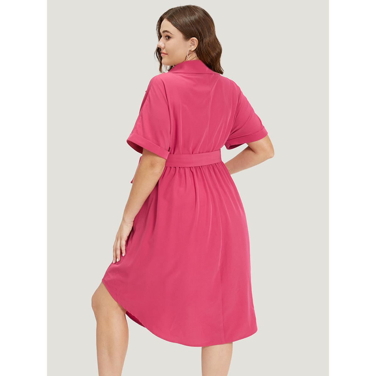 Plus Size Plain Belted Shirt Collar Arc Hem Roll Batwing Sleeve Dress Red Women Office Belted Shirt collar Short sleeve Curvy Knee Dress BloomChic 22-24/3X Product Image