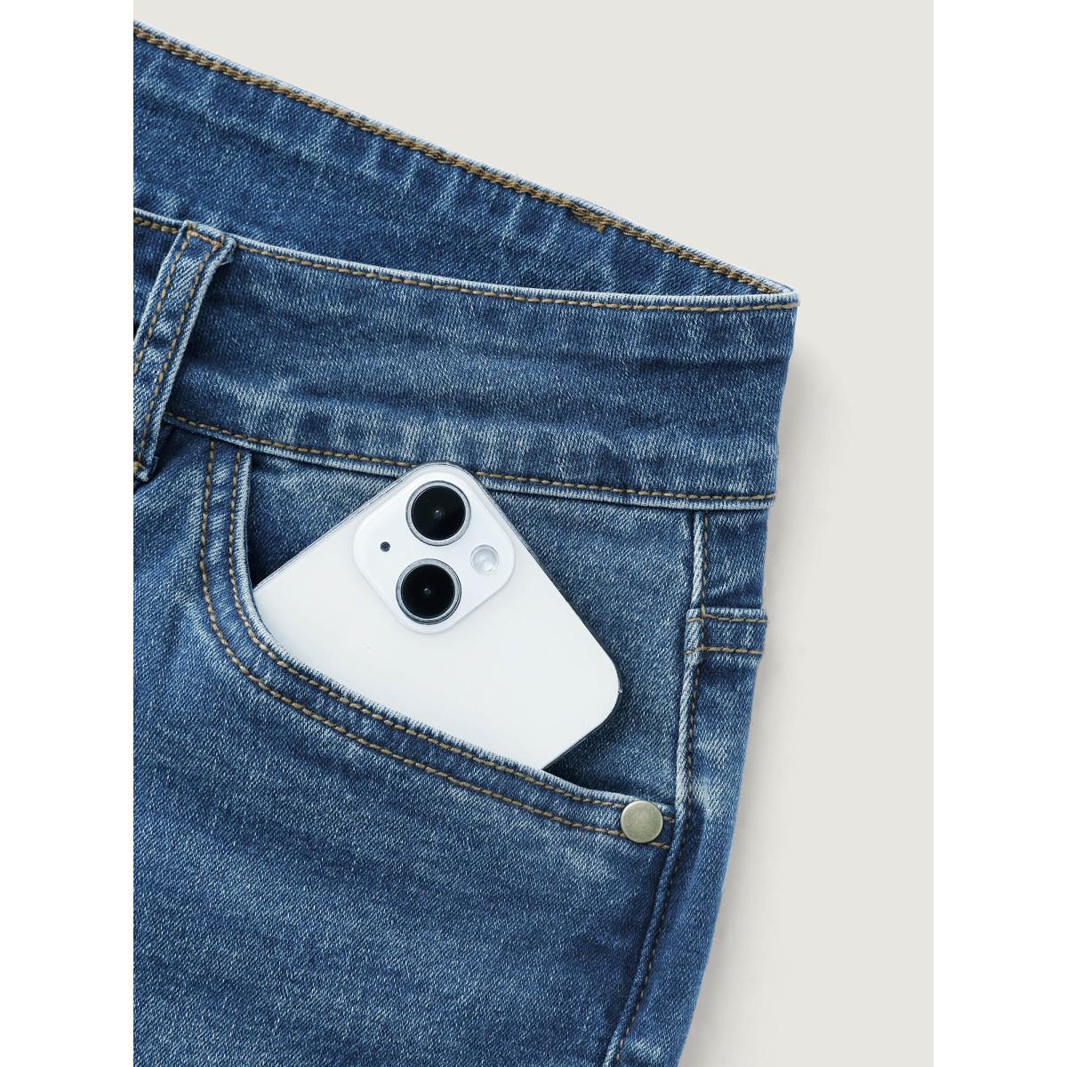 Plus Size Stretchy Seamed Mid-Rise Flared Jeans Women Midblue Timeless Topstitching High stretch Slanted pocket Jeans BloomChic 16/1X Product Image