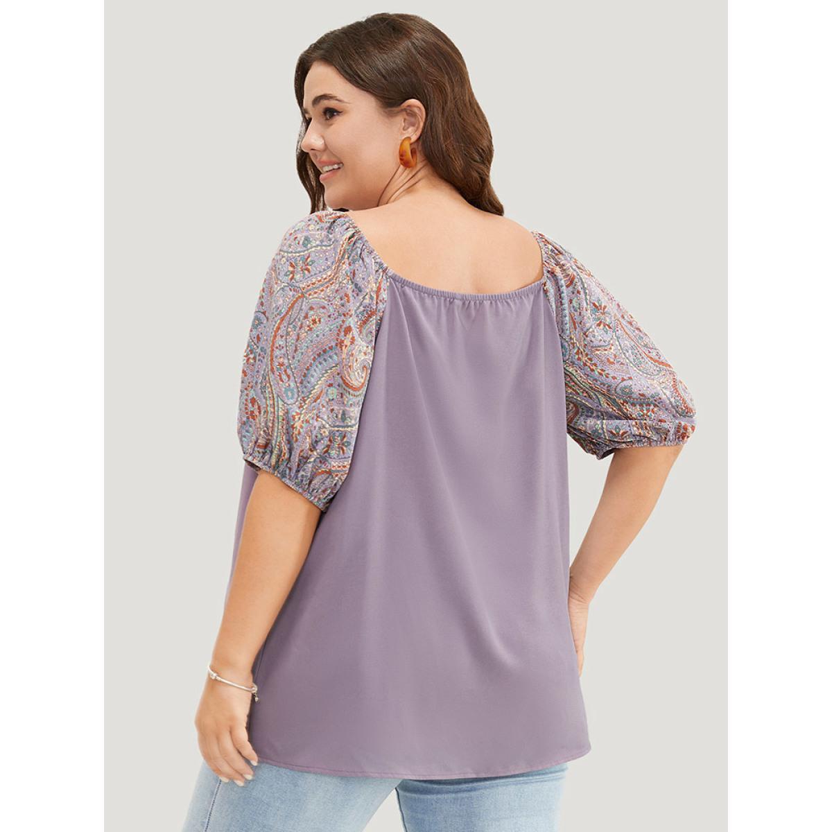 Plus Size Mauve Paisley Print Puff Sleeve Blouse Women Elegant Short sleeve Round Neck Dailywear Blouses BloomChic 30/6X Product Image