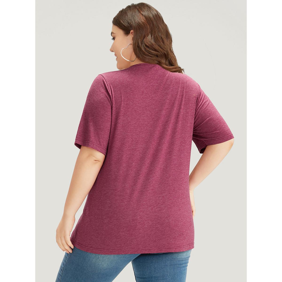 Plus Size Plain Heather Crisscross Square Neck T-shirt Burgundy Women Casual Plain Plain Square Neck Dailywear T-shirts BloomChic 18-20/2X Product Image