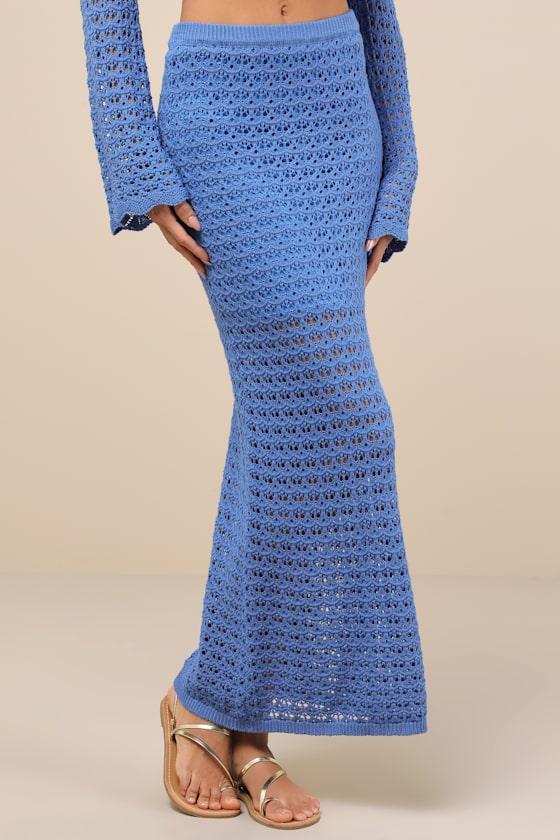 Serene Aesthetic Blue Crochet Knit Midi Skirt Product Image