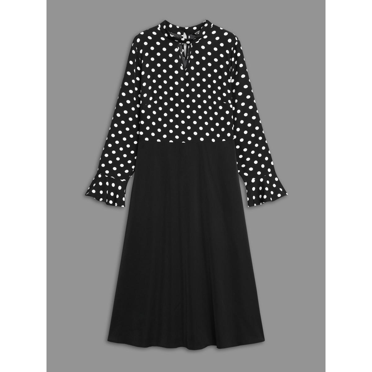 Plus Size Polka Dot Patchwork Keyhole Dress Black Women At the Office Patchwork Mock Neck Long Sleeve Curvy BloomChic 22-24/3X Product Image
