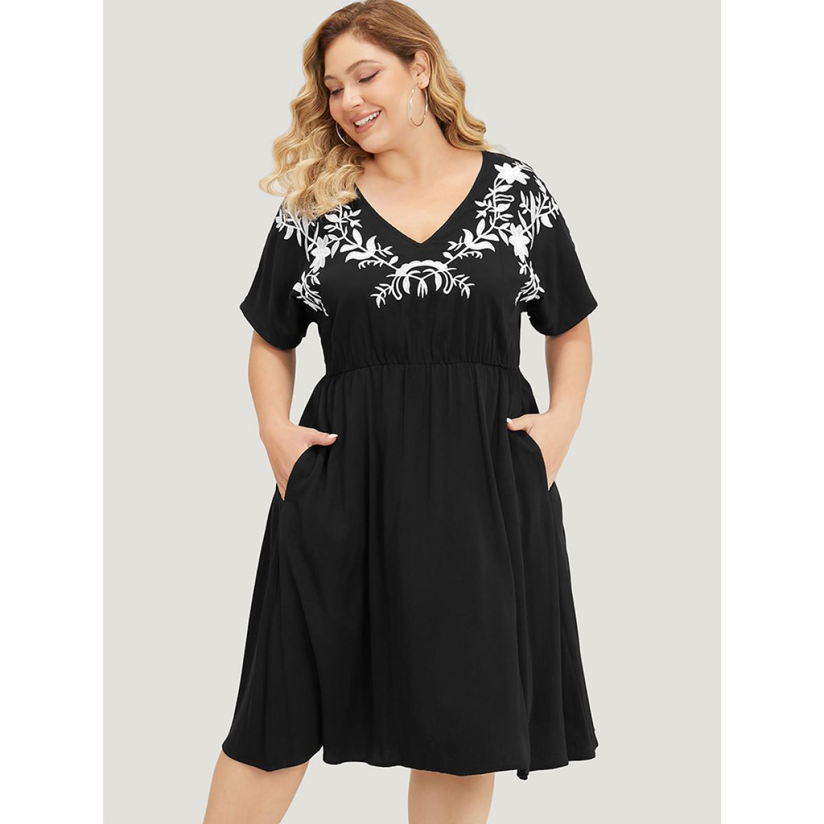 Plus Size Floral Embroidered Pocket Dolman Sleeve Ruffle Dress Black Women Vacation Embroidered V-neck Short sleeve Curvy Knee Dress BloomChic 22-24/3X Product Image