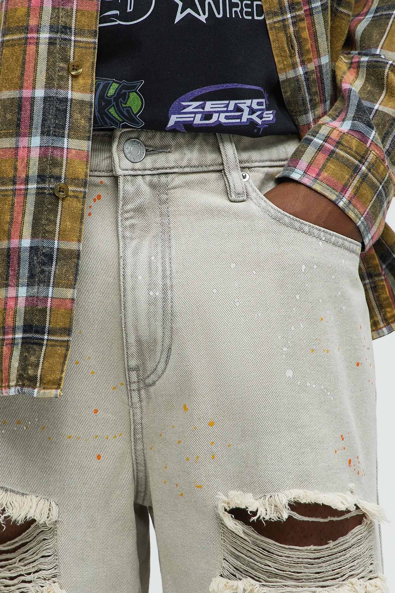 These Streets Paint Splattered Relaxed Denim Shorts - Grey Male Product Image