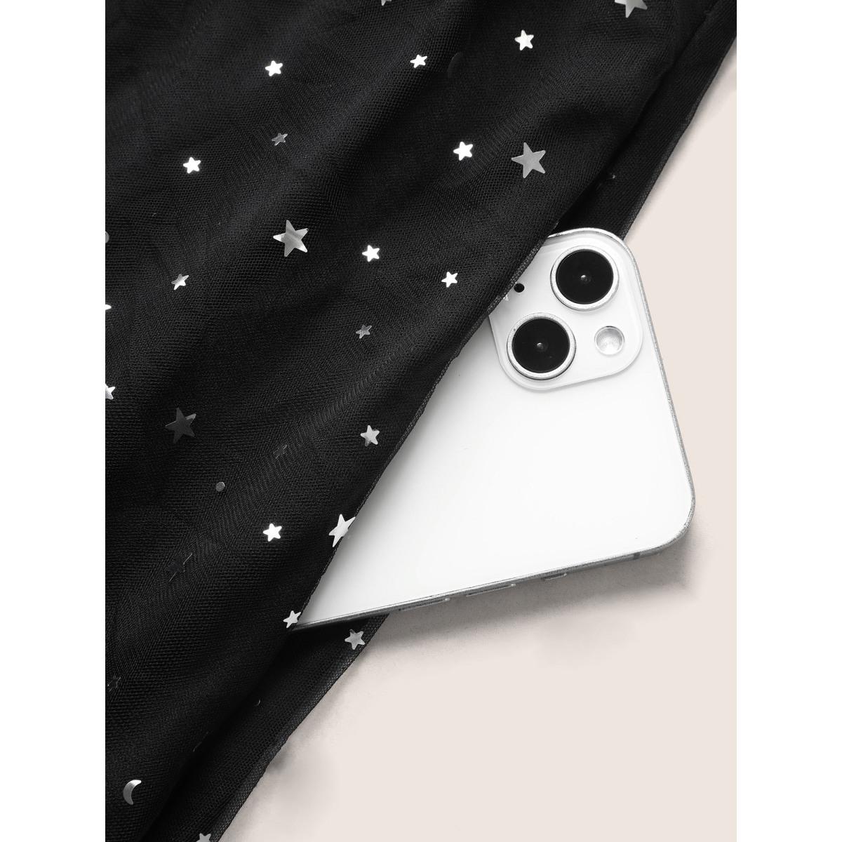 Plus Size Glitter Star Mesh Patchwork Split Hem Dress Black Women Cocktail See through V-neck Short sleeve Curvy BloomChic 12/L Product Image