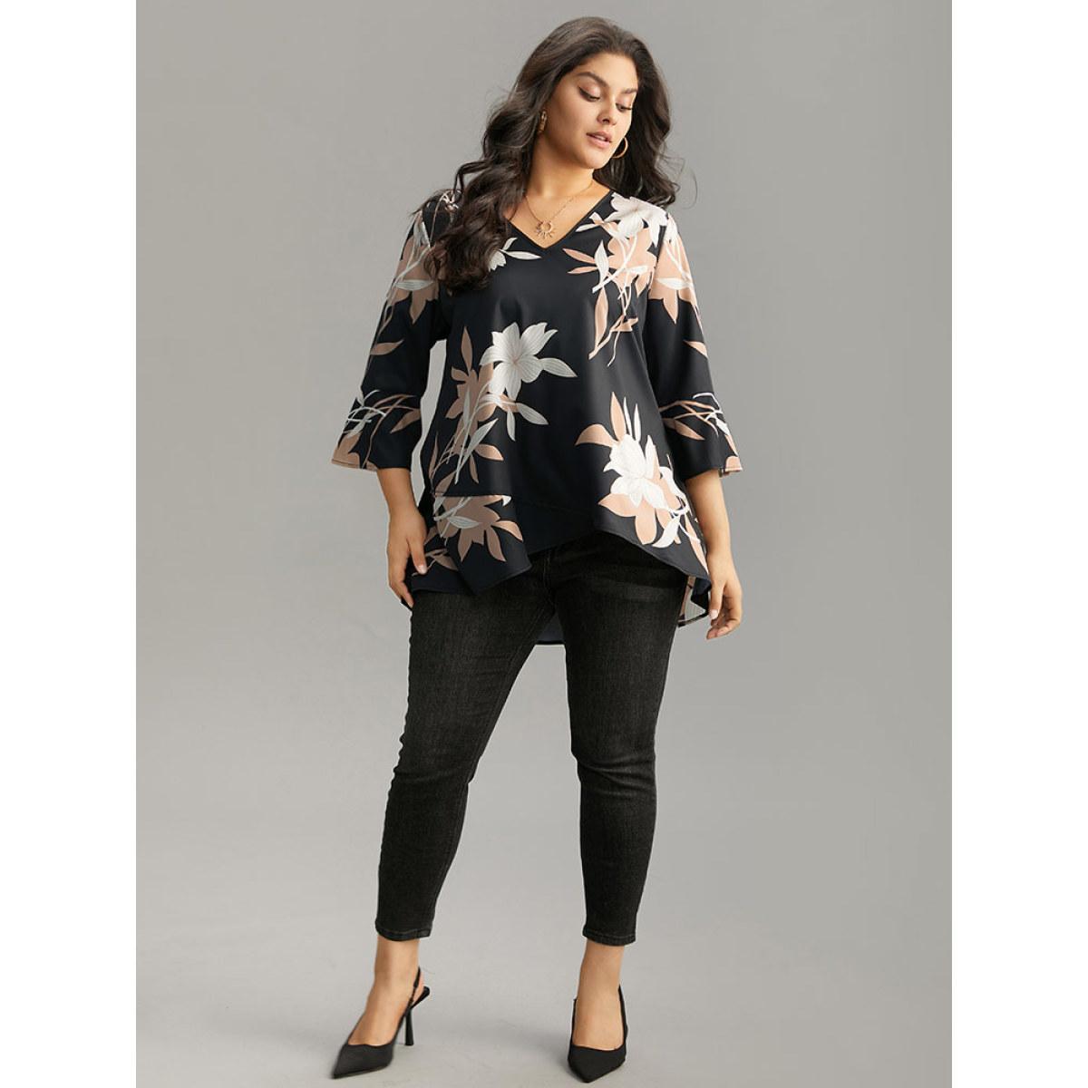 Plus Size Black Floral Print Bell Sleeve Asymmetrical Hem Blouse Women Elegant Elbow-length sleeve V-neck Dailywear Blouses BloomChic 14-16/1X Product Image