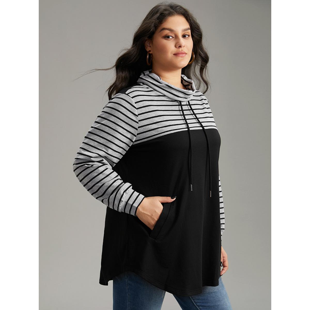 Plus Size Mock Neck Striped Patchwork Drawstring Sweatshirt Women Black Casual Contrast Mock Neck Everyday Sweatshirts BloomChic 18-20/2X Product Image