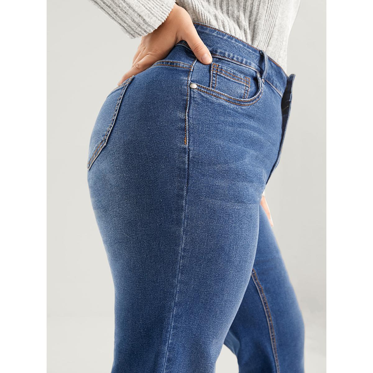 Plus Size Straight Moderately Stretchy High Rise Dark Wash Sculpt Waist Jeans Women DarkBlue Casual Plain Medium stretch Pocket Jeans BloomChic 22/3X Product Image