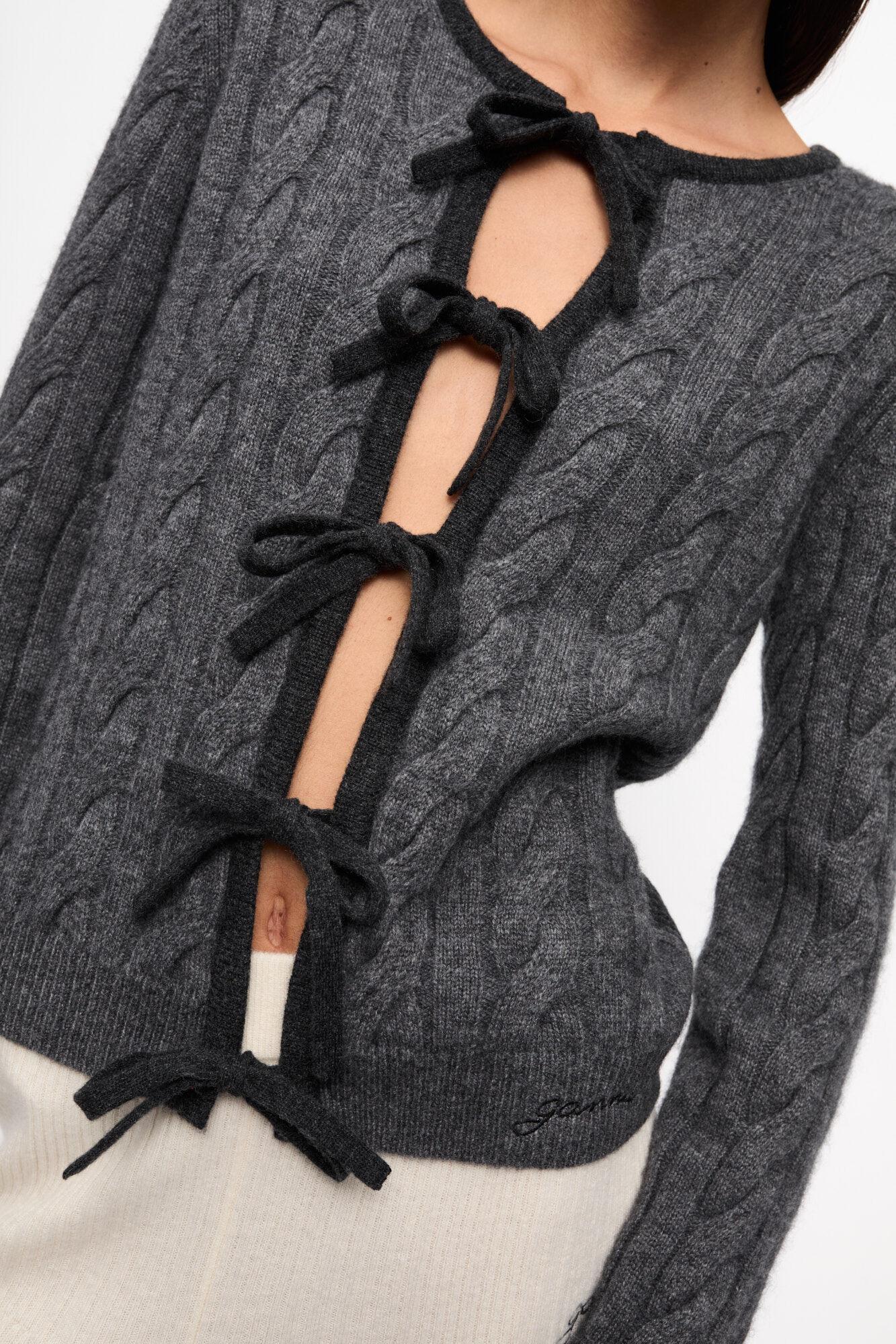 Grey and Black Cashmere Mix Tie String Cardigan Product Image