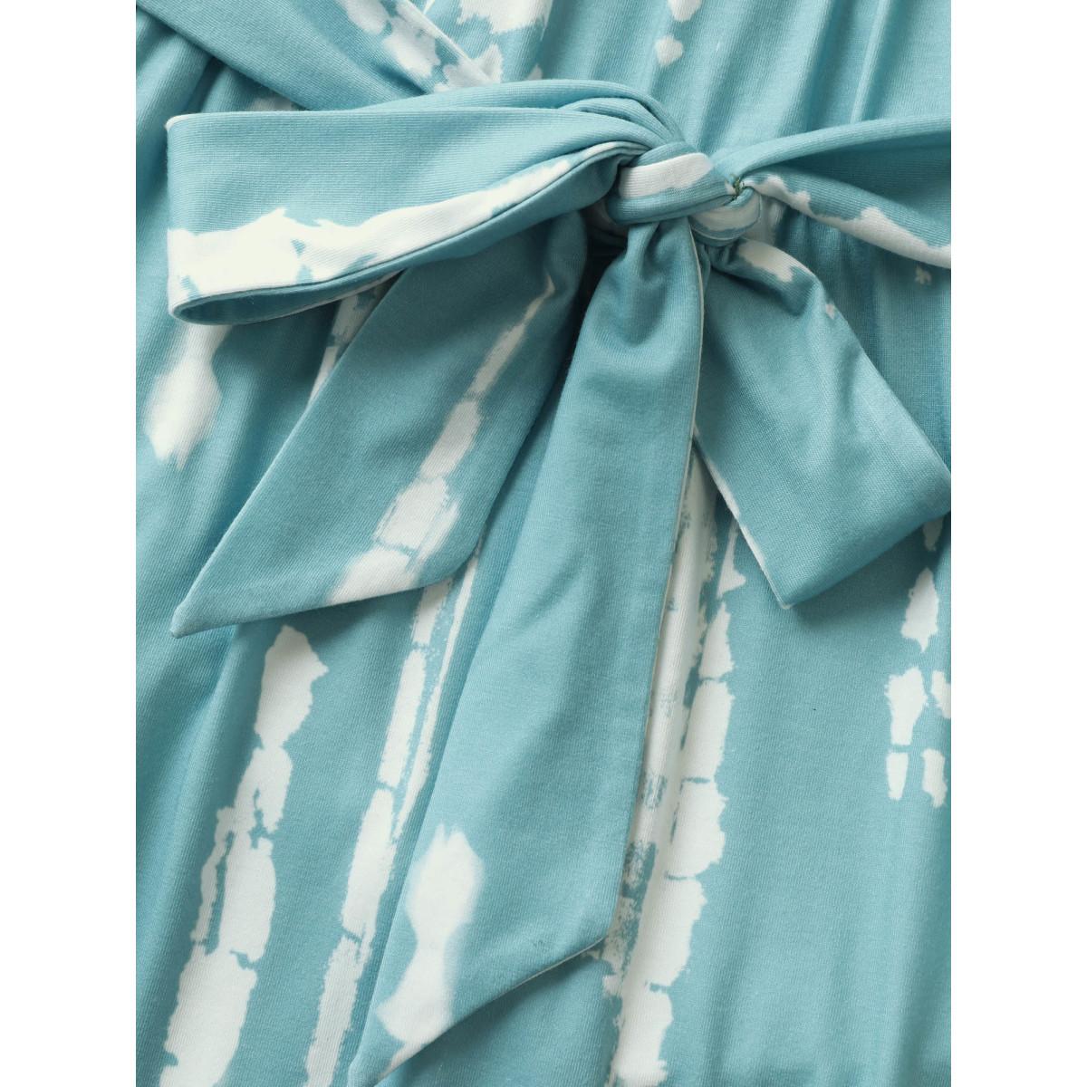 Plus Size Tie Dye Halter Neck Belted Gathered Dress LightBlue Women Casual Gathered Halter neck Sleeveless Curvy BloomChic 12/L Product Image